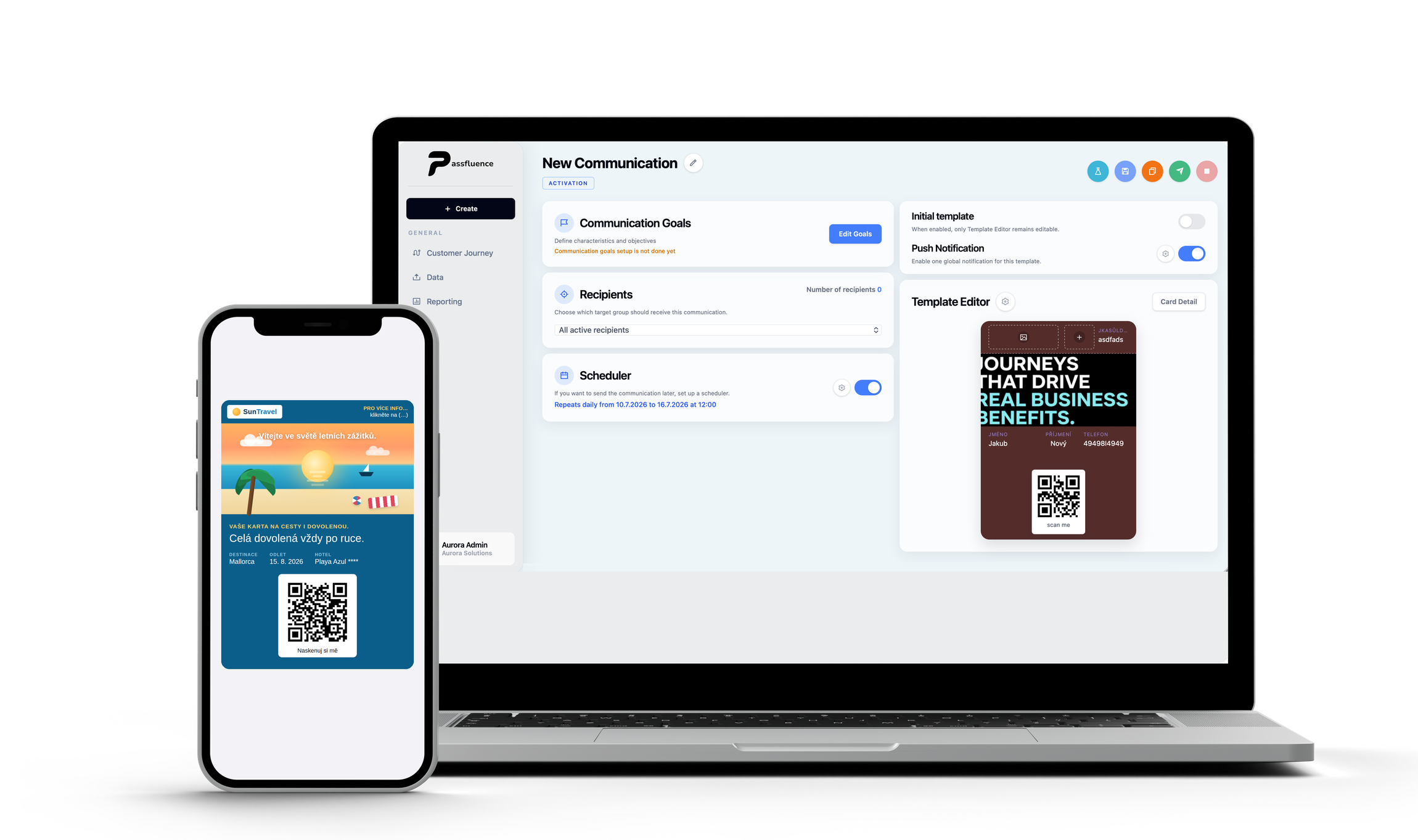 Passfluence CRM na notebooku a wallet karta na mobile